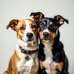 Two dogs with matching ear tags embracing, black dog, matching friends, animal affection