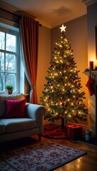 Cozy living room with Christmas tree and twinkling lights, surrounded by colorful ornaments and garlands, decorations, festive