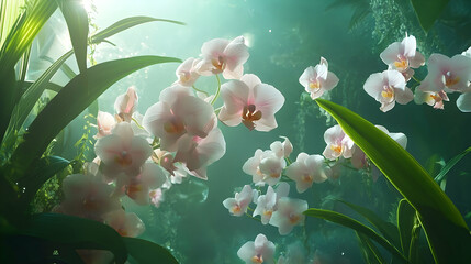 Radiant pink orchids in a lush, tropical setting.