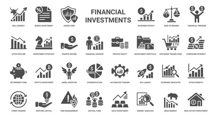 financial investments icons diverse strategies like passive income private equity portfolio management, Decline Growth Retirement Freedom