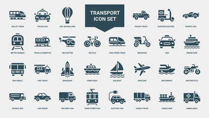 collection transport icons modes transportation associated purposes, subway truck helicopter bus
