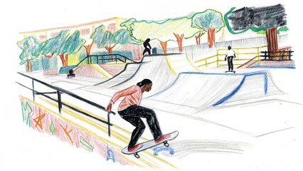 Skateboarder performing tricks at a vibrant skate park  