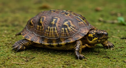 Fototapeta premium Turtle walking on green mossy ground with patterned shell in daylight.