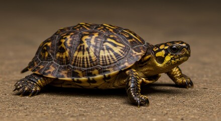 Fototapeta premium Turtle with patterned shell walking on sandy ground in studio setting.