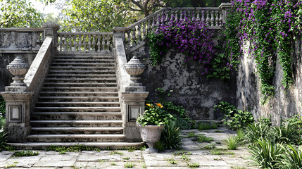 Elegant Stone Staircase In A Lush Garden