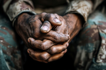 Close-up of clasped dark brown hands, showing age and work-worn texture, conveying themes of hardship, resilience, and experience