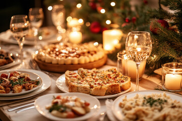 Naklejka premium Table set with food plates and lit candles.