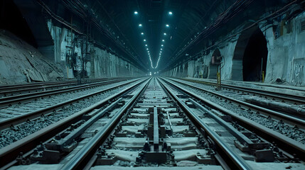 Dark Underground Tunnel With Railroad Tracks