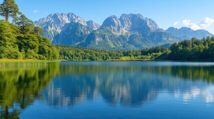 Beautiful mountain landscape reflecting in the clear waters of the lake