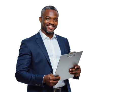 Business portrait isolated on white transparent background: A confident African-American businessman smiles warmly while holding a clipboard against a plain white background.
