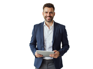Business portrait isolated on white transparent background: A smiling businessman in a navy blazer and white shirt confidently holds a tablet while looking directly at the camera against a plain whi