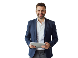 Business portrait isolated on white transparent background: A smiling businessman in a navy blazer and white shirt confidently holds a tablet while looking directly at the camera against a plain whi
