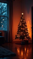 Fototapeta premium Darkened room with lit up Christmas tree on a wall or corner, tree, dark, glow