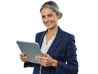Business portrait isolated on white transparent background: A confident businesswoman smiles while holding a tablet and wearing a navy blazer over a white shirt, presenting a professional and modern