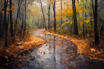 Obraz premium Impressionist Painting of Rainy Autumn Forest Trail with Wet Leaves