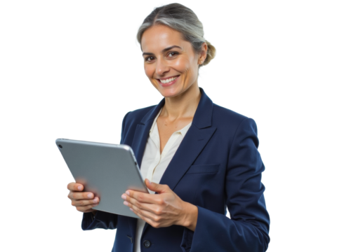 Business portrait isolated on white transparent background: A confident businesswoman smiles while holding a tablet and wearing a navy blazer over a white shirt, presenting a professional and modern