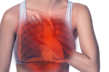 Woman Experiencing Chest Pain with Highlighted Lungs and Ribcage