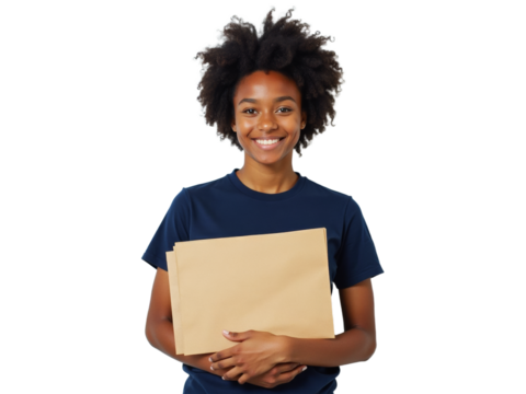 Business portrait isolated on white transparent background: A smiling young Black woman with a natural afro hairstyle holds a brown envelope in front of a plain white background.