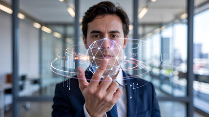 Smiling young businessman looking at virtual interface glass