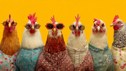 Five chickens wearing patterned shirts and sunglasses against a yellow background, creating a humorous and fashionable image suitable for various lifestyle or fashion concepts