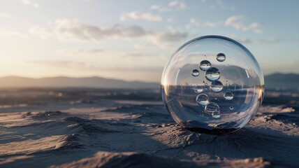 Glass Sphere with Bubbles Reflecting Cityscape at Sunset
