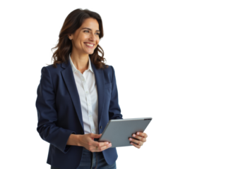 Business portrait isolated on white transparent background: A smiling businesswoman with wavy brown hair holds a tablet and looks off to the side against a plain white wall.