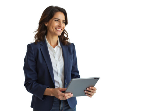 Business portrait isolated on white transparent background: A smiling businesswoman with wavy brown hair holds a tablet and looks off to the side against a plain white wall.