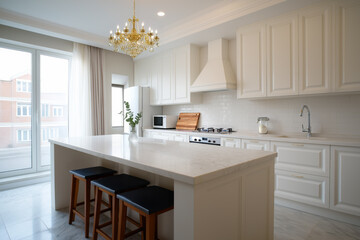 White modern kitchen interior of luxury apartment, large island and bright light from window