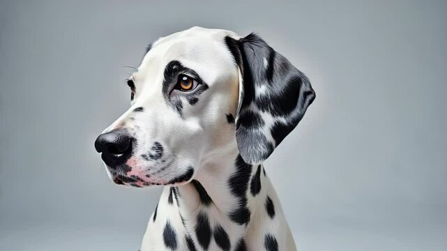 Elegant Dalmatian dog headshot portrait on seamless backdrop with striking black and white spots pattern and alert amber eyes