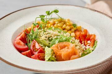 Vibrant Salmon Bowl with Corn and Vegetables - Balanced Composition in Natural Light