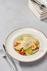 Gourmet Caesar Salad with Chicken Artful Composition in Modern Neutral Tones