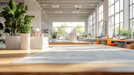 Bright office space with plants desks and large windows creating a modern workspace.