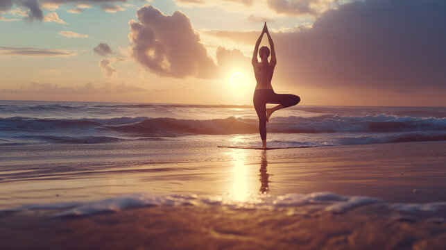 Sunset yoga silhouette on the beach by the sea evokes evening relaxation and silhouette of a woman surfer on the beach enjoys the sea