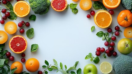 Rainbow-colored fruits and vegetables in a circular pattern, symbolizing vibrant health and natural diversity.