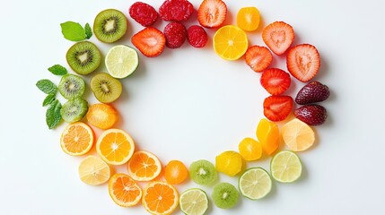 Rainbow-colored fruits and vegetables in a circular pattern, symbolizing vibrant health and natural diversity.