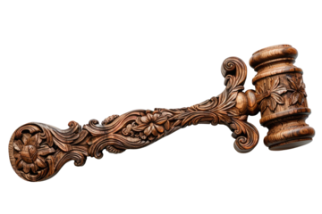 Ornately carved wooden judge gavel with floral pattern isolated on transparent background png, symbolizing justice, tradition and legitimate authority.
