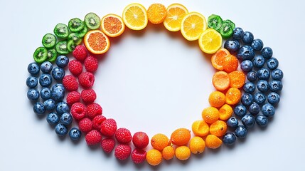 Rainbow-colored fruits and vegetables in a circular pattern, symbolizing vibrant health and natural diversity.