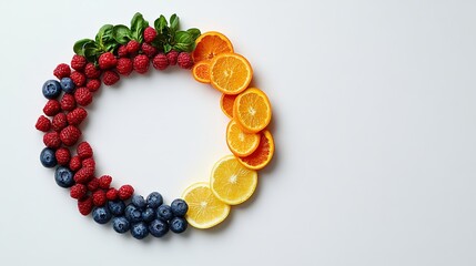 Rainbow-colored fruits and vegetables in a circular pattern, symbolizing vibrant health and natural diversity.