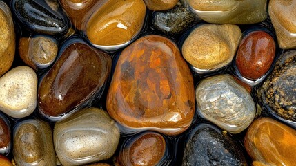 Smooth colorful river rocks submerged in shallow clear water