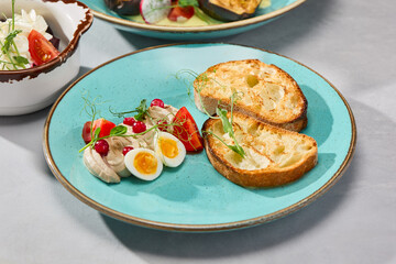 Gourmet Chicken Pate with Toasts on Turquoise Plate – Elegant, Colorful Culinary Photography