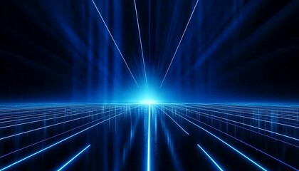 Abstract dark futuristic background blue neon light rays reflect off the water 