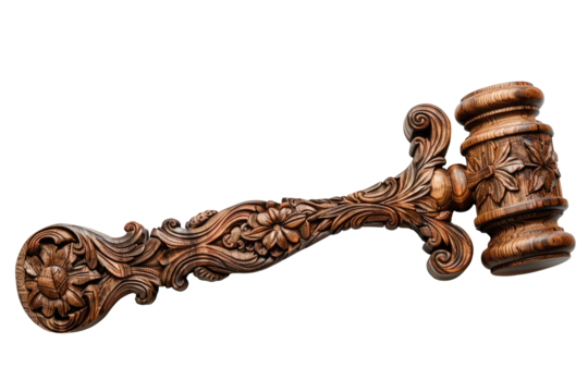 Ornately carved wooden judge gavel with floral pattern isolated on transparent background png, symbolizing justice, tradition and legitimate authority. - Powered by Adobe