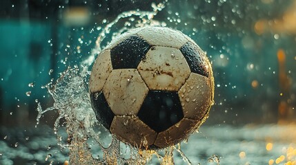 Soccer ball mid-kick with splashing water droplets, capturing dynamic energy and motion.