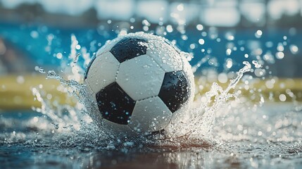 Soccer ball mid-kick with splashing water droplets, capturing dynamic energy and motion.