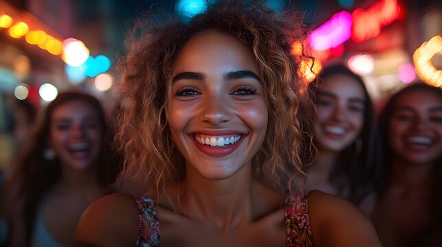 Group of diverse friends laughing and taking selfies together in casual outdoor setting