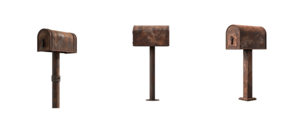 Row of vintage rusty metal mailboxes showing signs of aging 3d