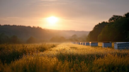 Fototapeta premium World Bee Day, beekeepers inspecting hives in golden hour countryside light. World Bee Day honey farm work scene World Bee Day beekeeping photo for World Bee Day.
