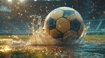 Soccer ball mid-kick with splashing water droplets, capturing dynamic energy and motion.