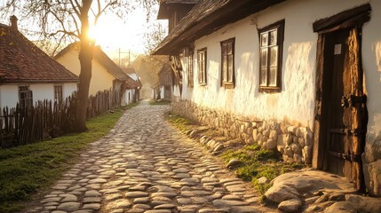 A rustic cobbled street leads through an old village settlement
