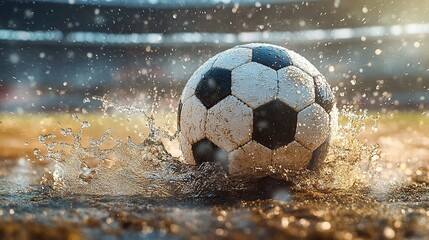 Soccer ball mid-kick with splashing water droplets, capturing dynamic energy and motion.